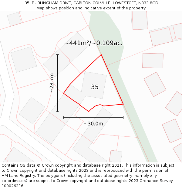 35, BURLINGHAM DRIVE, CARLTON COLVILLE, LOWESTOFT, NR33 8GD: Plot and title map