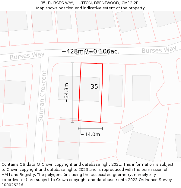 35, BURSES WAY, HUTTON, BRENTWOOD, CM13 2PL: Plot and title map
