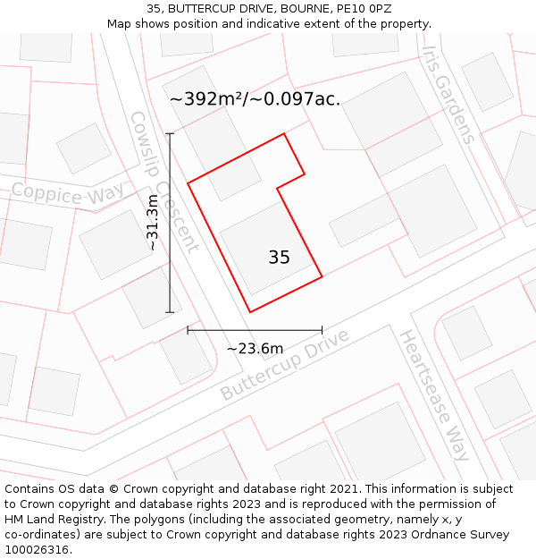 35, BUTTERCUP DRIVE, BOURNE, PE10 0PZ: Plot and title map