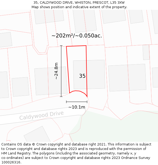 35, CALDYWOOD DRIVE, WHISTON, PRESCOT, L35 3XW: Plot and title map