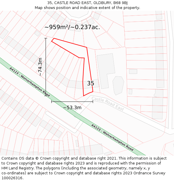 35, CASTLE ROAD EAST, OLDBURY, B68 9BJ: Plot and title map