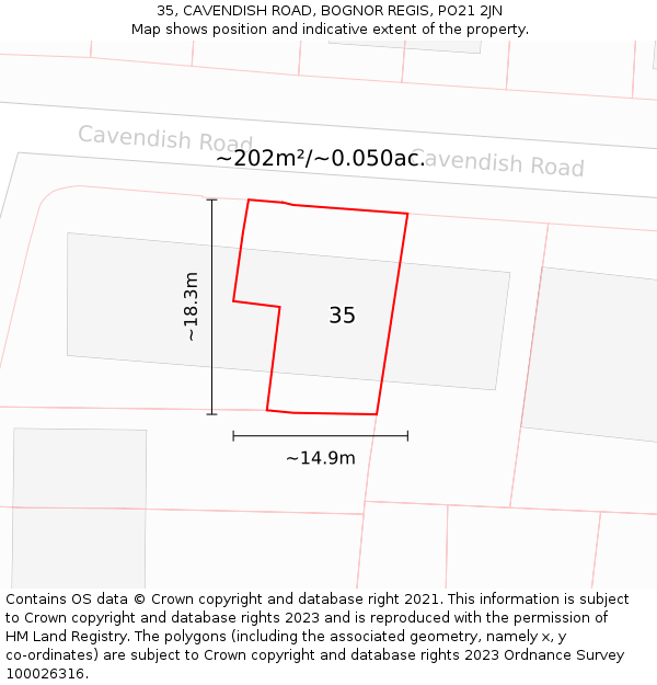 35, CAVENDISH ROAD, BOGNOR REGIS, PO21 2JN: Plot and title map