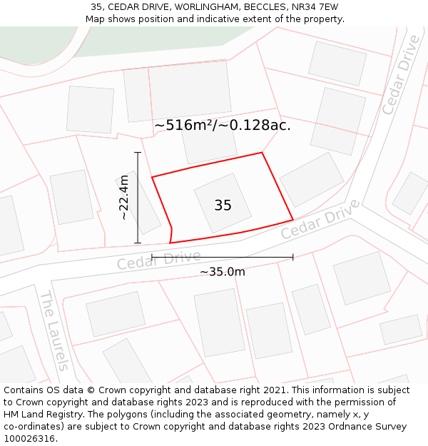 35, CEDAR DRIVE, WORLINGHAM, BECCLES, NR34 7EW: Plot and title map
