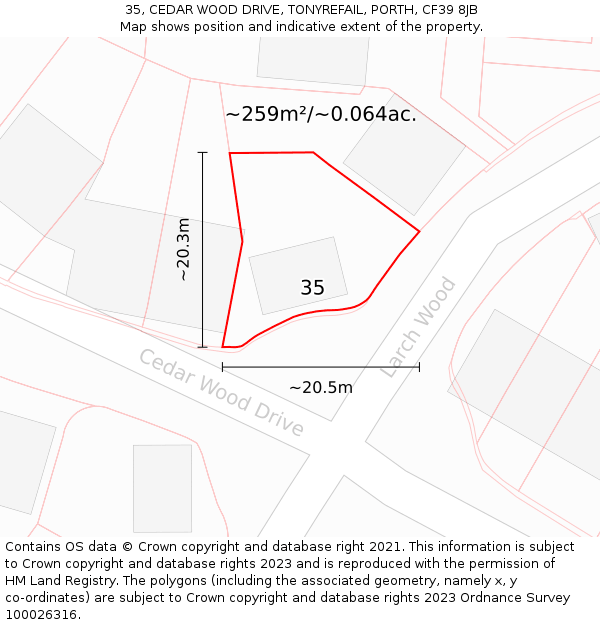 35, CEDAR WOOD DRIVE, TONYREFAIL, PORTH, CF39 8JB: Plot and title map