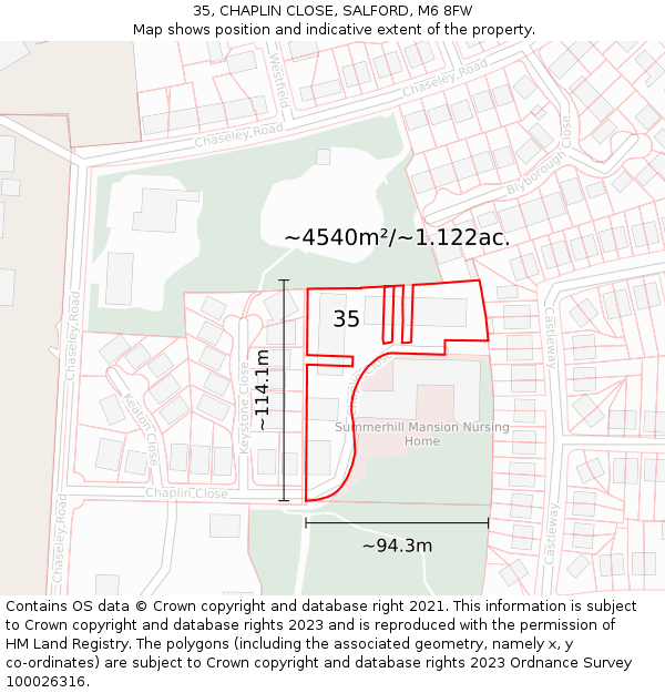 35, CHAPLIN CLOSE, SALFORD, M6 8FW: Plot and title map