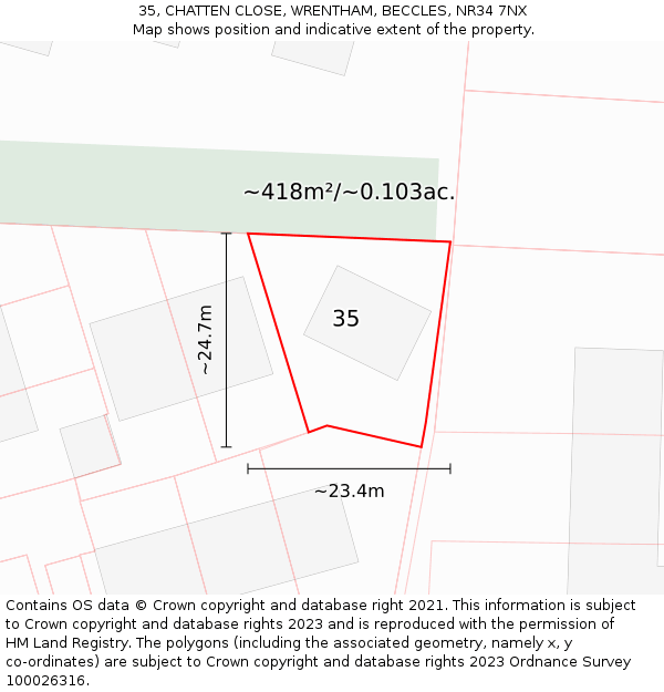 35, CHATTEN CLOSE, WRENTHAM, BECCLES, NR34 7NX: Plot and title map