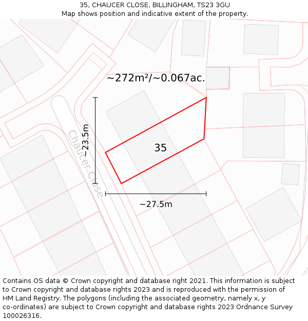 35, CHAUCER CLOSE, BILLINGHAM, TS23 3GU: Plot and title map