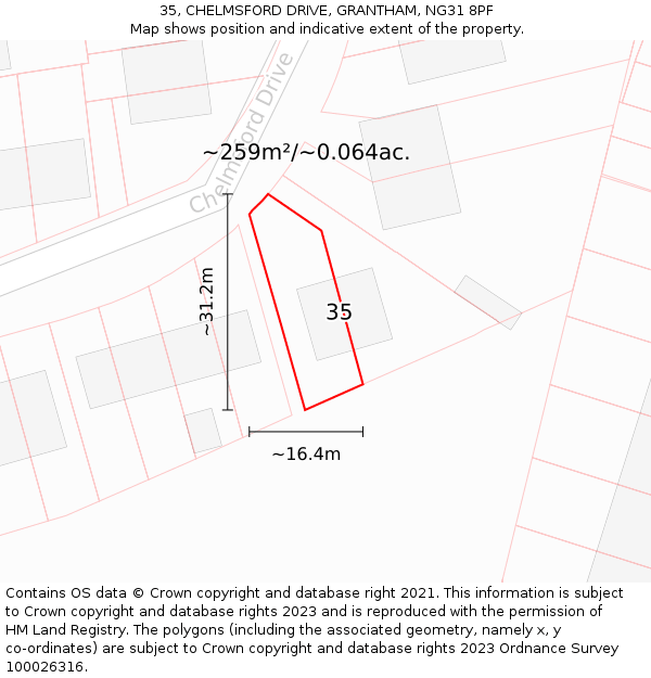 35, CHELMSFORD DRIVE, GRANTHAM, NG31 8PF: Plot and title map