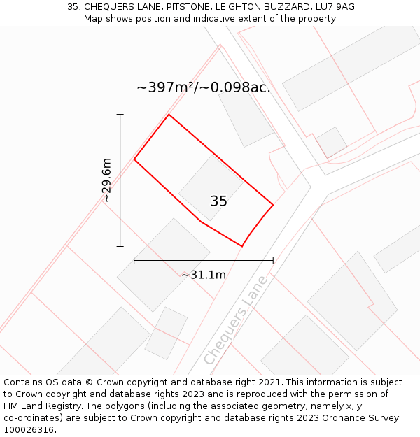 35, CHEQUERS LANE, PITSTONE, LEIGHTON BUZZARD, LU7 9AG: Plot and title map