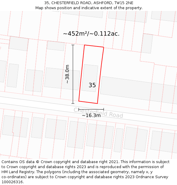 35, CHESTERFIELD ROAD, ASHFORD, TW15 2NE: Plot and title map