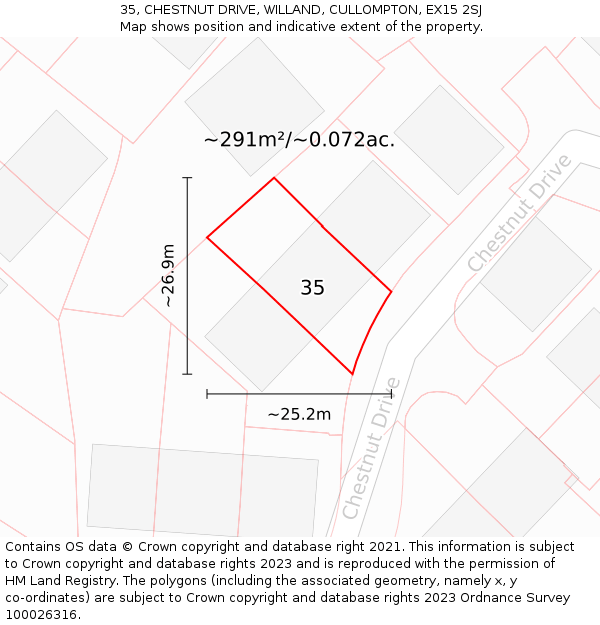 35, CHESTNUT DRIVE, WILLAND, CULLOMPTON, EX15 2SJ: Plot and title map