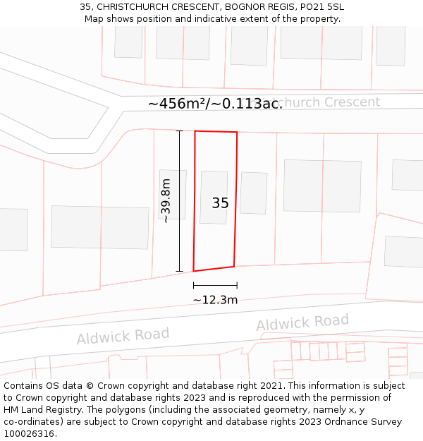 35, CHRISTCHURCH CRESCENT, BOGNOR REGIS, PO21 5SL: Plot and title map