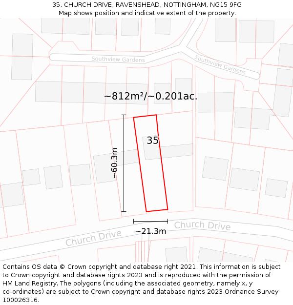 35, CHURCH DRIVE, RAVENSHEAD, NOTTINGHAM, NG15 9FG: Plot and title map