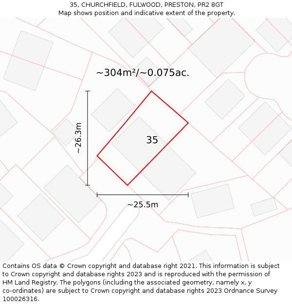 35, CHURCHFIELD, FULWOOD, PRESTON, PR2 8GT: Plot and title map