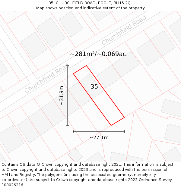 35, CHURCHFIELD ROAD, POOLE, BH15 2QL: Plot and title map