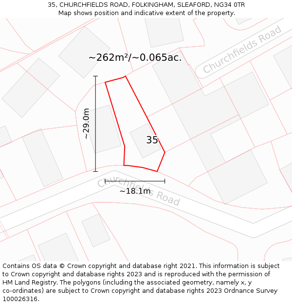 35, CHURCHFIELDS ROAD, FOLKINGHAM, SLEAFORD, NG34 0TR: Plot and title map