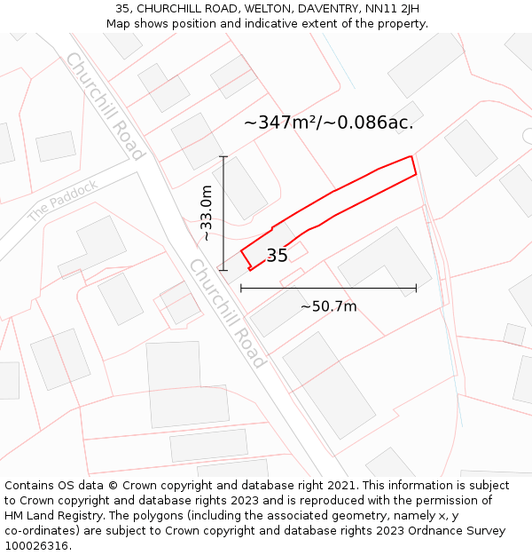 35, CHURCHILL ROAD, WELTON, DAVENTRY, NN11 2JH: Plot and title map