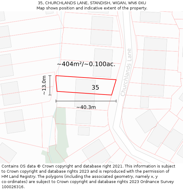 35, CHURCHLANDS LANE, STANDISH, WIGAN, WN6 0XU: Plot and title map