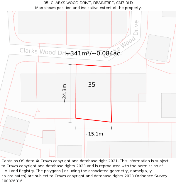 35, CLARKS WOOD DRIVE, BRAINTREE, CM7 3LD: Plot and title map