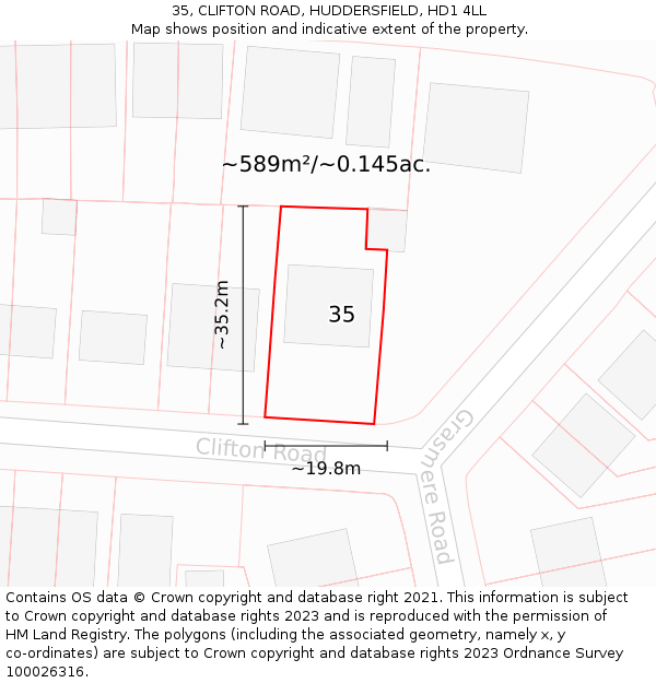 35, CLIFTON ROAD, HUDDERSFIELD, HD1 4LL: Plot and title map