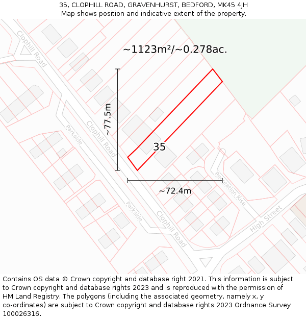 35, CLOPHILL ROAD, GRAVENHURST, BEDFORD, MK45 4JH: Plot and title map