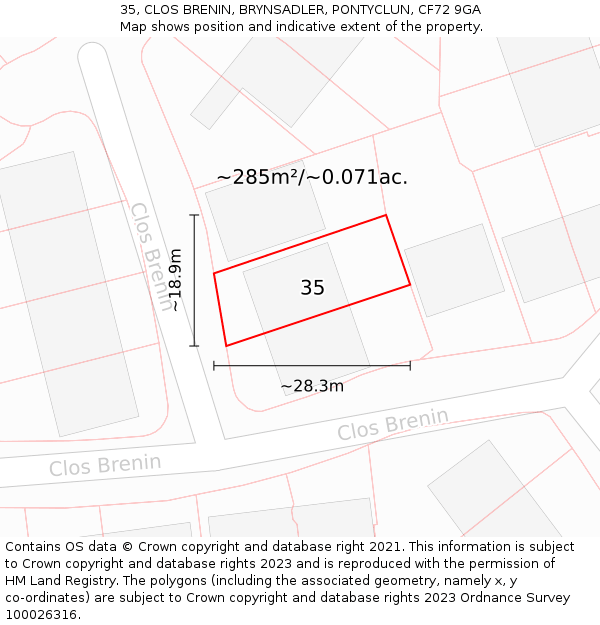 35, CLOS BRENIN, BRYNSADLER, PONTYCLUN, CF72 9GA: Plot and title map