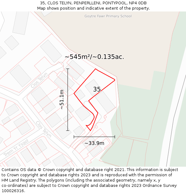 35, CLOS TELYN, PENPERLLENI, PONTYPOOL, NP4 0DB: Plot and title map