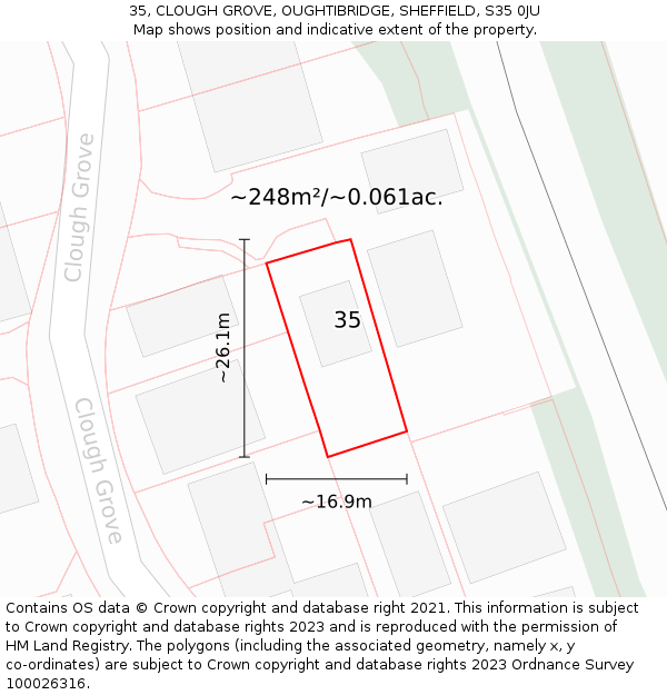 35, CLOUGH GROVE, OUGHTIBRIDGE, SHEFFIELD, S35 0JU: Plot and title map