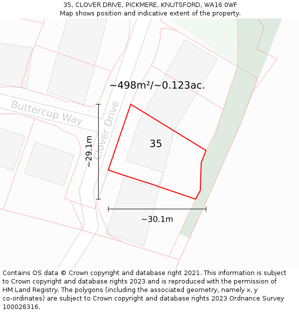 35, CLOVER DRIVE, PICKMERE, KNUTSFORD, WA16 0WF: Plot and title map