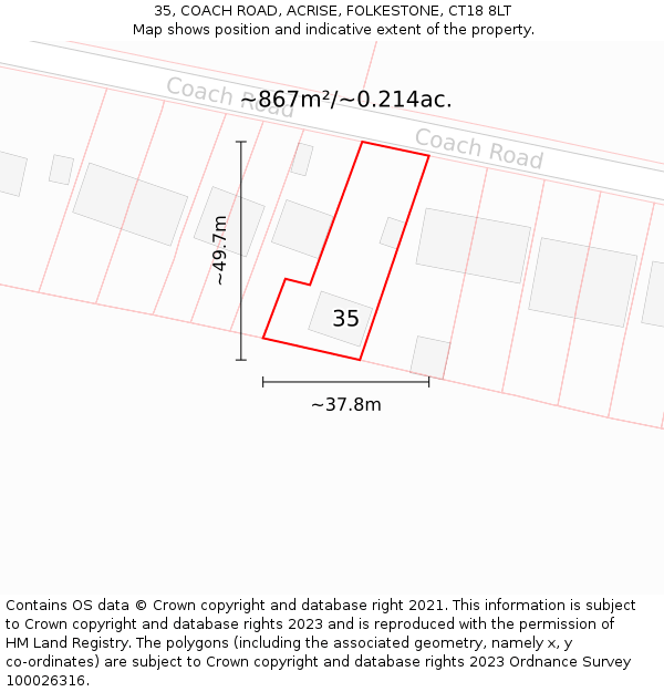 35, COACH ROAD, ACRISE, FOLKESTONE, CT18 8LT: Plot and title map