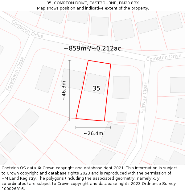 35, COMPTON DRIVE, EASTBOURNE, BN20 8BX: Plot and title map