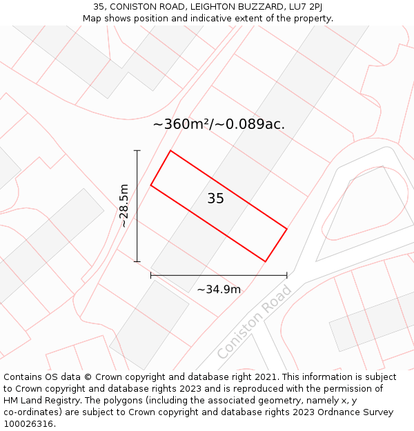 35, CONISTON ROAD, LEIGHTON BUZZARD, LU7 2PJ: Plot and title map