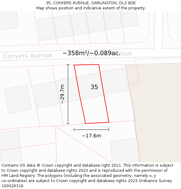 35, CONYERS AVENUE, DARLINGTON, DL3 9DE: Plot and title map