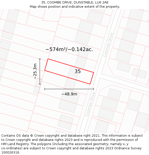 35, COOMBE DRIVE, DUNSTABLE, LU6 2AE: Plot and title map