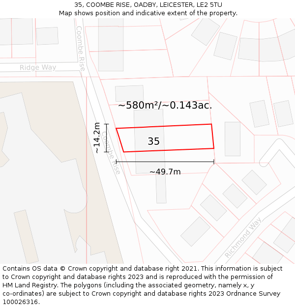 35, COOMBE RISE, OADBY, LEICESTER, LE2 5TU: Plot and title map