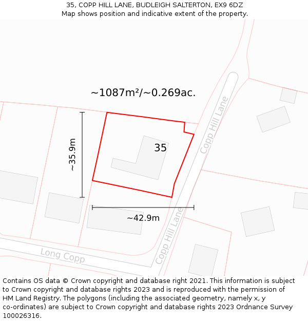 35, COPP HILL LANE, BUDLEIGH SALTERTON, EX9 6DZ: Plot and title map