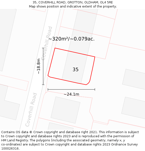 35, COVERHILL ROAD, GROTTON, OLDHAM, OL4 5RE: Plot and title map