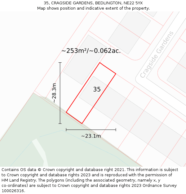 35, CRAGSIDE GARDENS, BEDLINGTON, NE22 5YX: Plot and title map