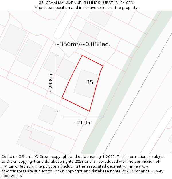 35, CRANHAM AVENUE, BILLINGSHURST, RH14 9EN: Plot and title map