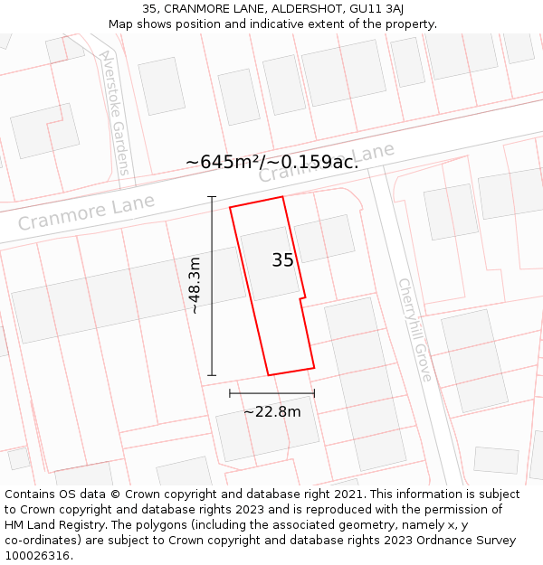 35, CRANMORE LANE, ALDERSHOT, GU11 3AJ: Plot and title map