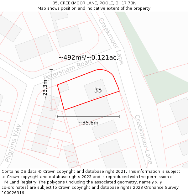 35, CREEKMOOR LANE, POOLE, BH17 7BN: Plot and title map