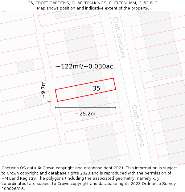 35, CROFT GARDENS, CHARLTON KINGS, CHELTENHAM, GL53 8LG: Plot and title map