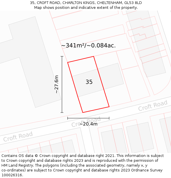 35, CROFT ROAD, CHARLTON KINGS, CHELTENHAM, GL53 8LD: Plot and title map