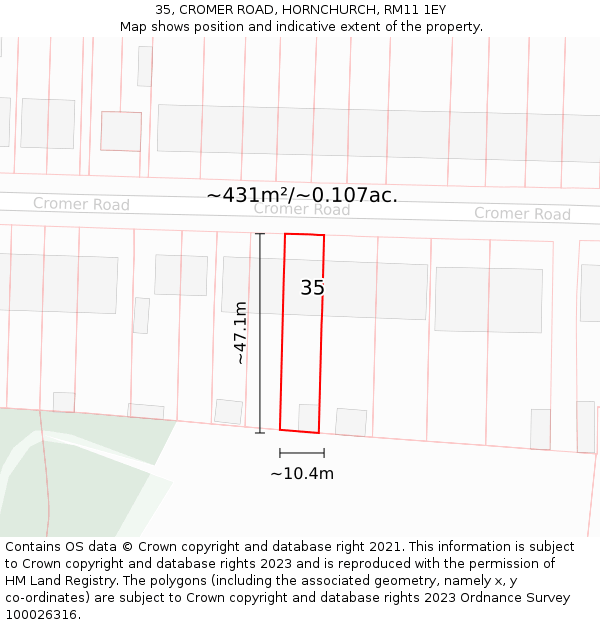 35, CROMER ROAD, HORNCHURCH, RM11 1EY: Plot and title map