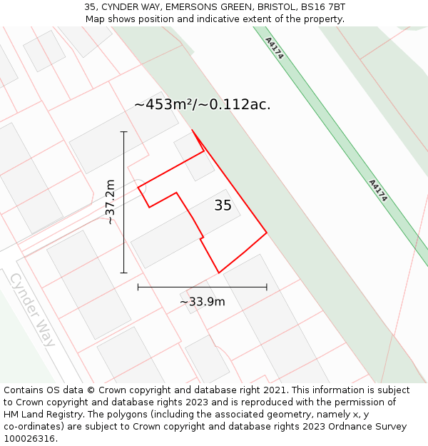 35, CYNDER WAY, EMERSONS GREEN, BRISTOL, BS16 7BT: Plot and title map