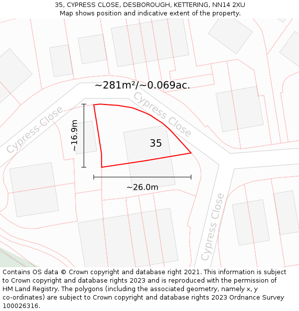 35, CYPRESS CLOSE, DESBOROUGH, KETTERING, NN14 2XU: Plot and title map