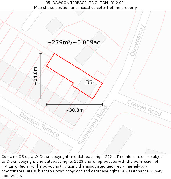 35, DAWSON TERRACE, BRIGHTON, BN2 0EL: Plot and title map