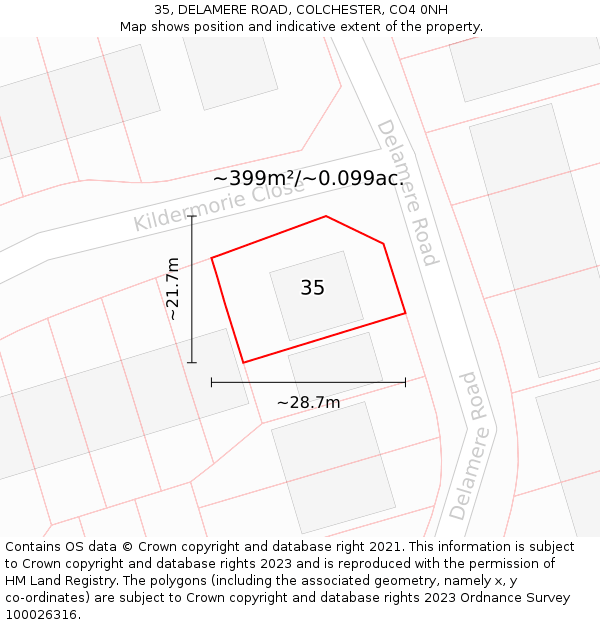 35, DELAMERE ROAD, COLCHESTER, CO4 0NH: Plot and title map