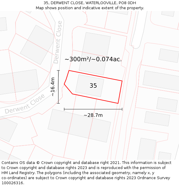 35, DERWENT CLOSE, WATERLOOVILLE, PO8 0DH: Plot and title map