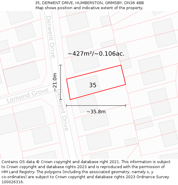 35, DERWENT DRIVE, HUMBERSTON, GRIMSBY, DN36 4BB: Plot and title map